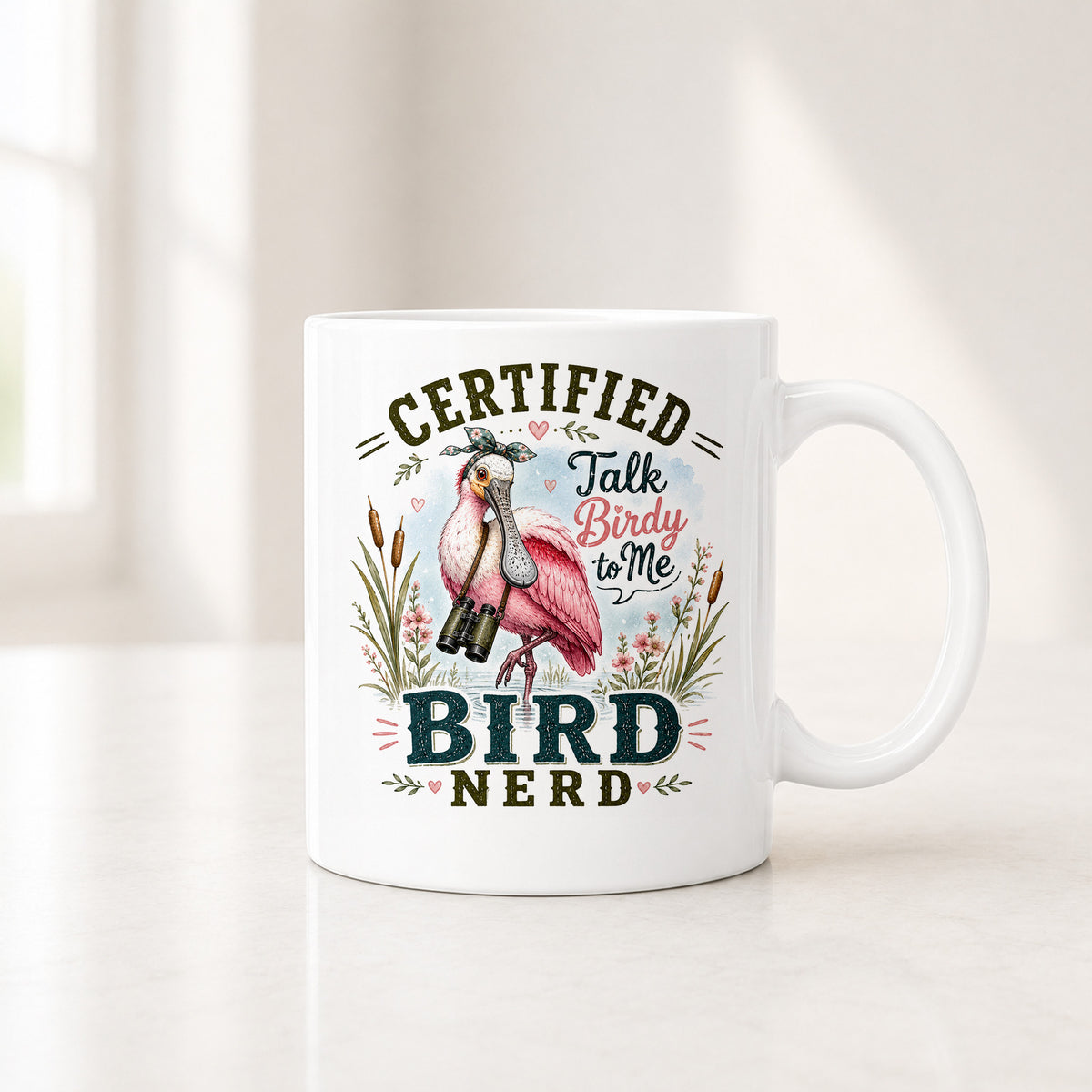 11 oz white Certified Bird Nerd mug showing a roseate spoonbill among cattails, wildflowers and small hearts