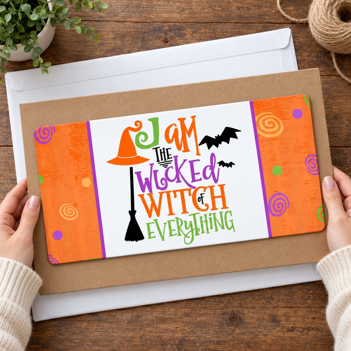 Wicked Witch of Everything sign held in hand to show size
