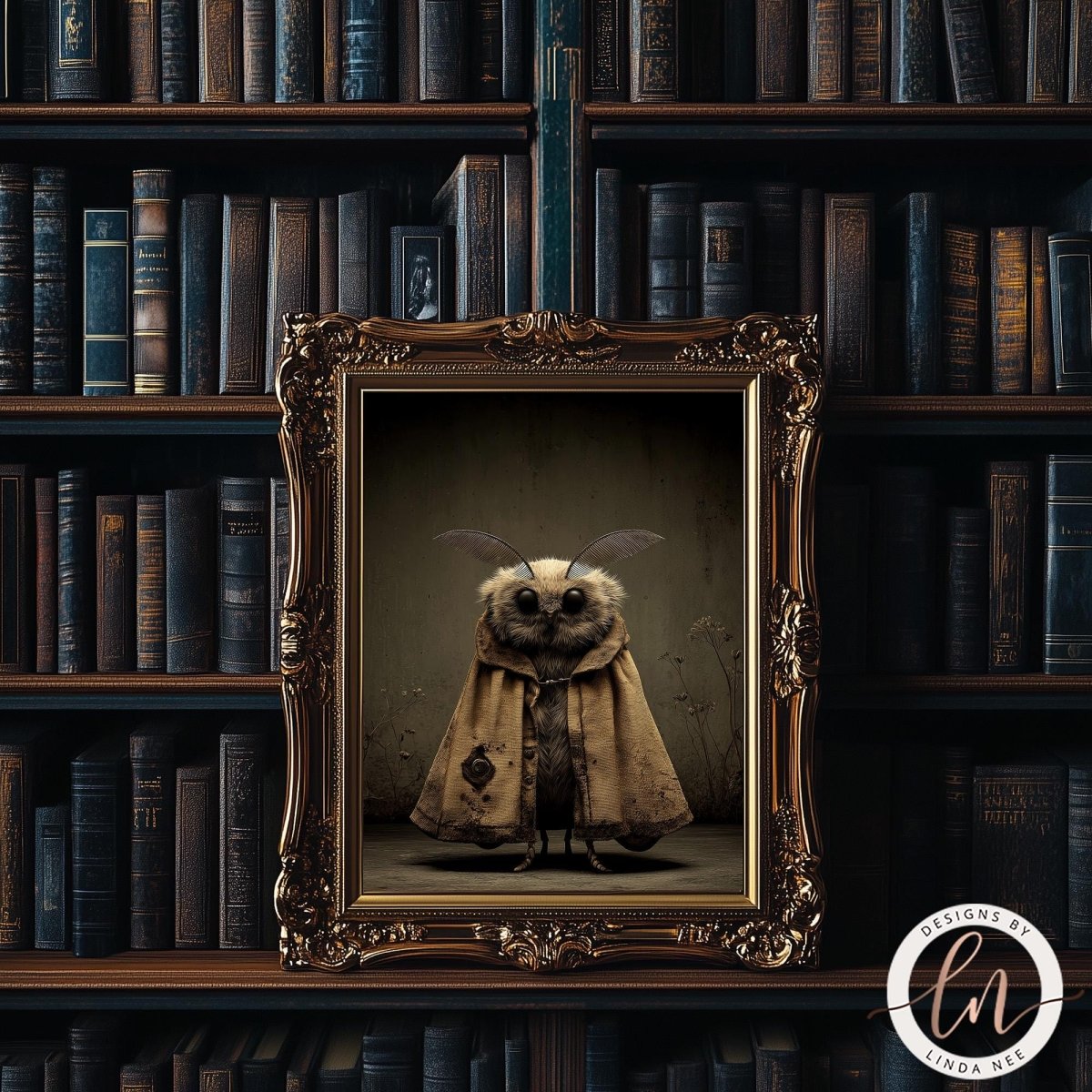 a framed artwork depicting a moth with wings, standing in front of a bookshelf filled with books.