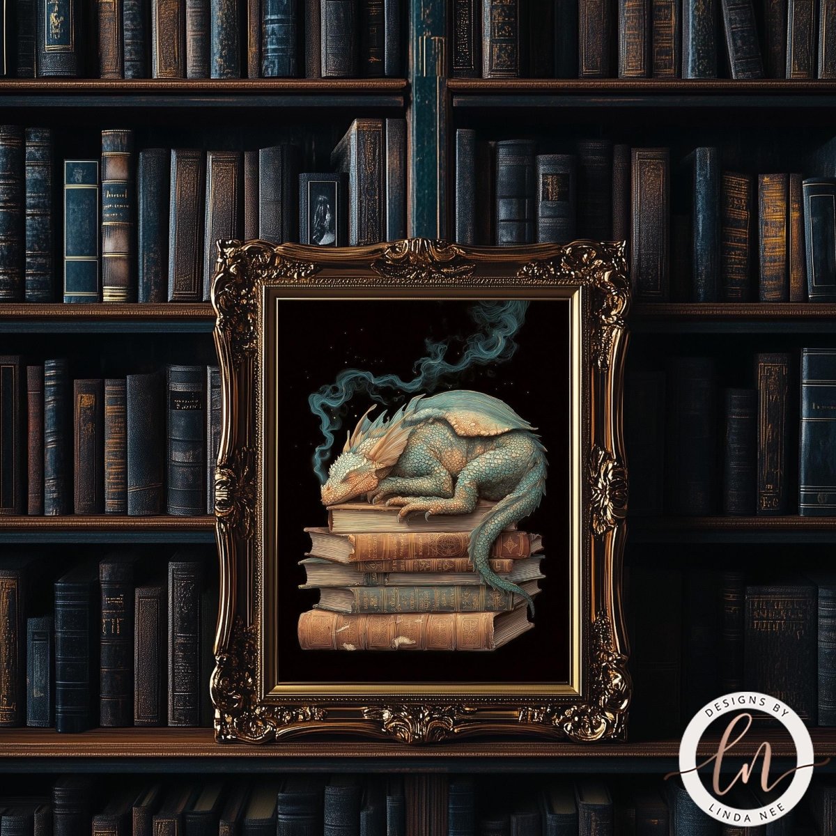 A framed image of a sleeping dragon is displayed on a bookshelf, surrounded by numerous books.