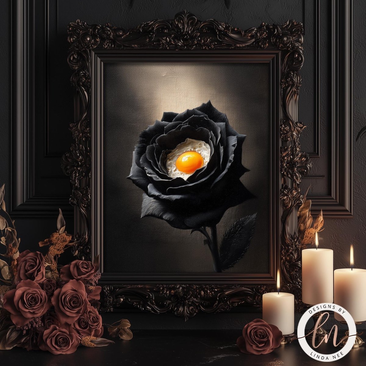 a black rose with an egg yolk in the center, surrounded by candles and a dark background.