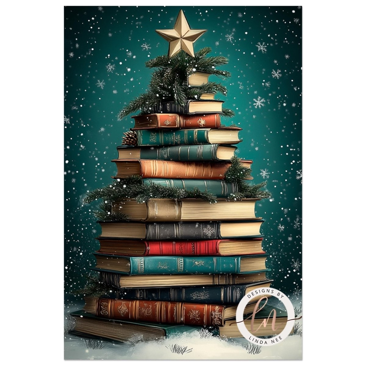 Stacked books arranged as a Christmas tree with a star on top in falling snow