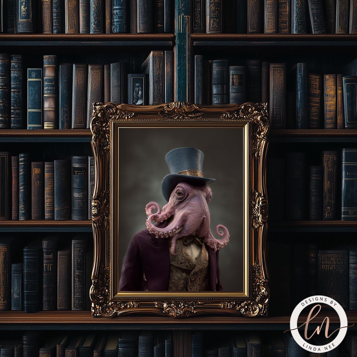 a framed portrait of an octopus wearing a top hat, set against a backdrop of a bookshelf filled with books.