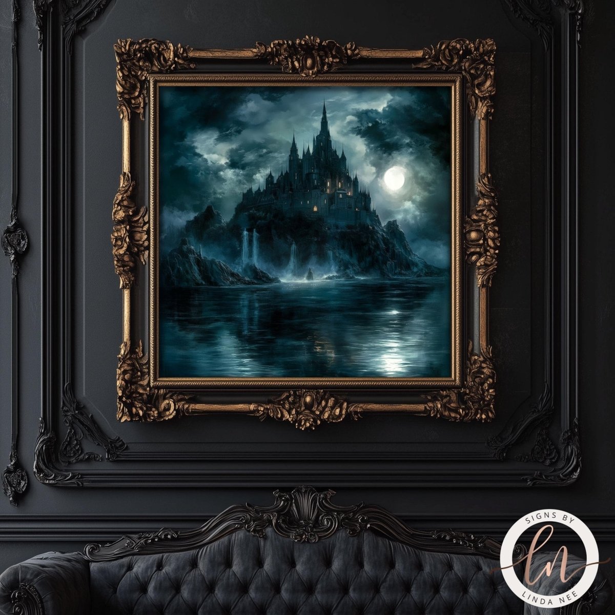 Gothic castle with tall spires and waterfalls on a rocky isle under a full moon