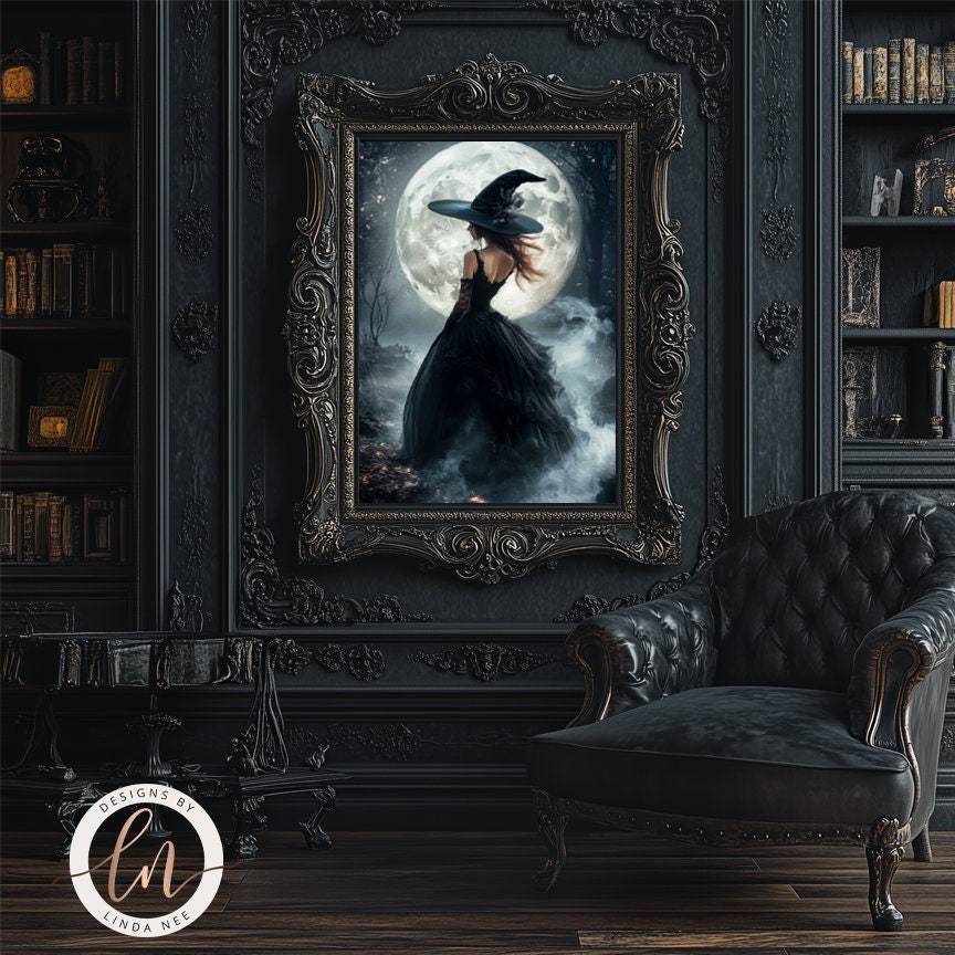 Witch silhouette art print displayed in a gothic room with a leather armchair