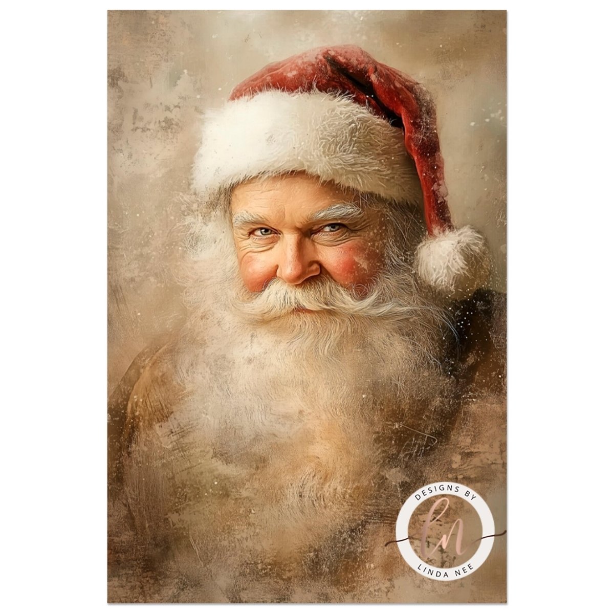Close portrait of Santa Claus wearing a red and white hat