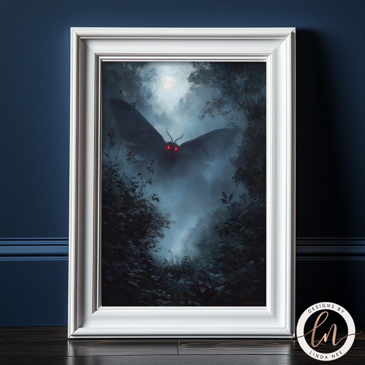 a large moth with glowing red eyes flying through a misty, dark forest.