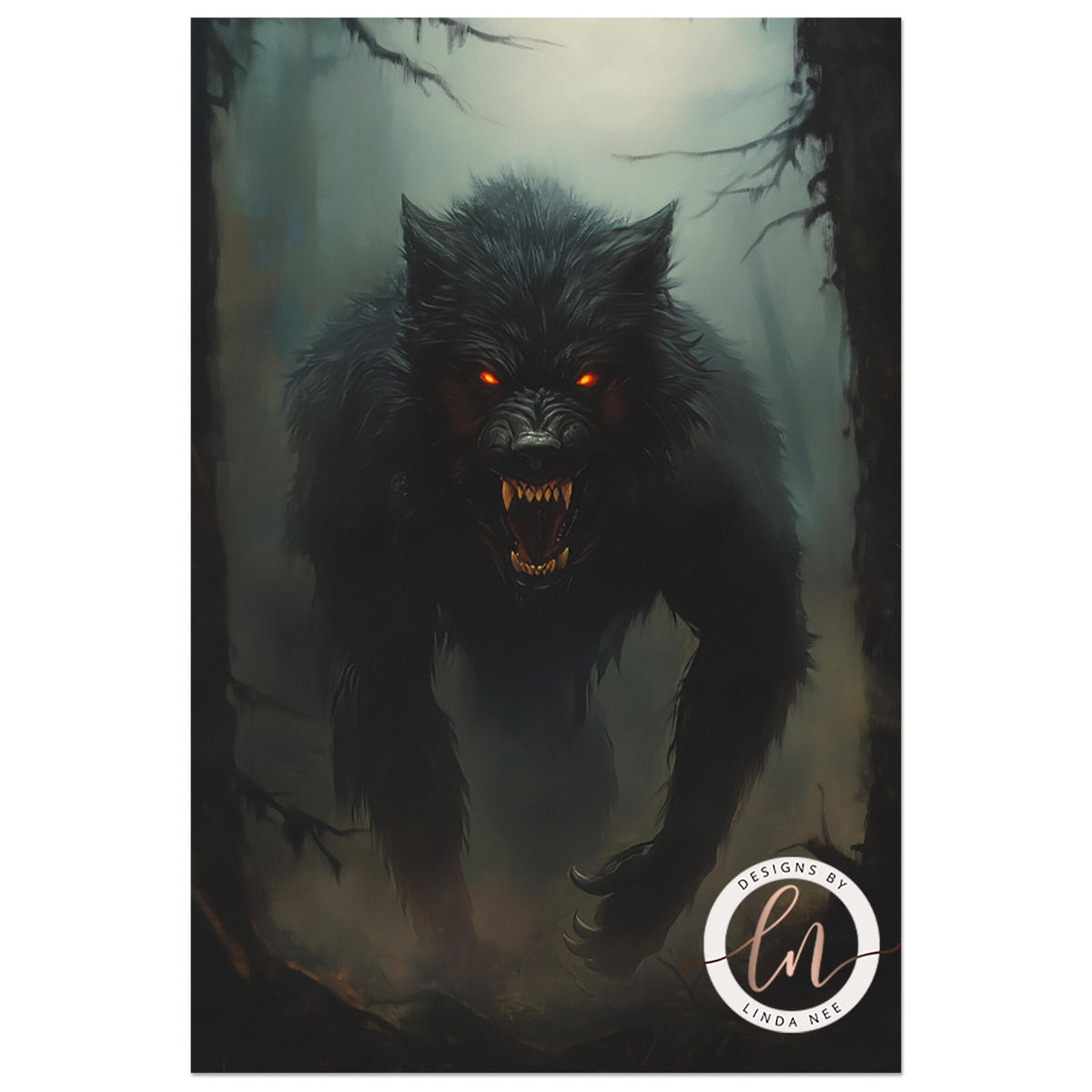 a large, ornate black frame with a painting of a fierce-looking black wolf inside it, set against a dark, gothic-style wall.