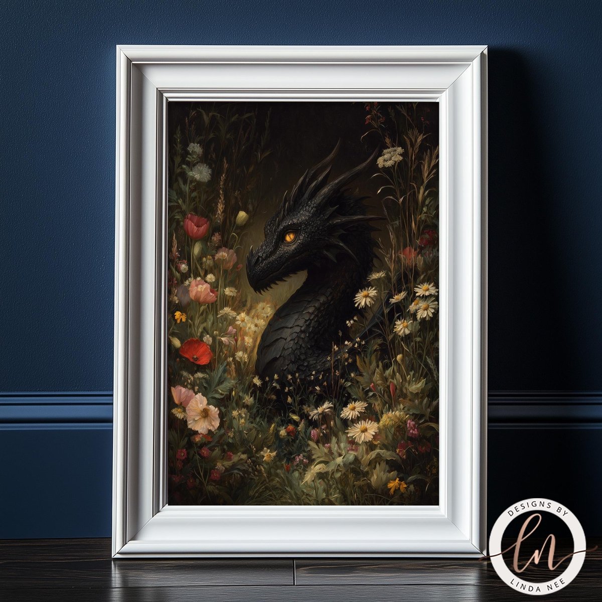 A framed painting depicting a black dragon surrounded by a lush, colorful garden filled with flowers and foliage.