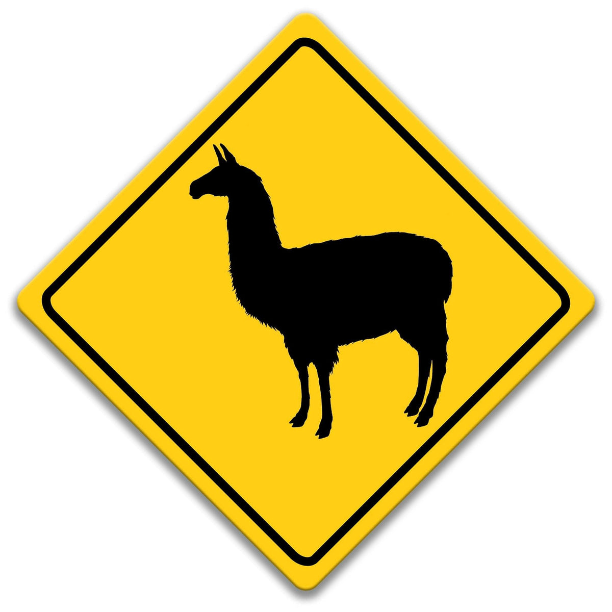 A yellow diamond-shaped road sign with a silhouette of a llama or alpaca in the center.