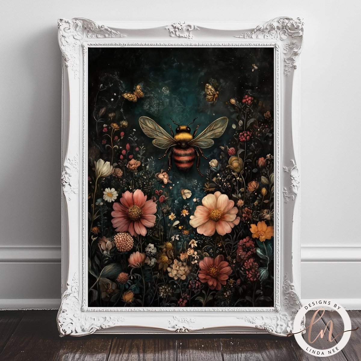 A framed art print featuring a detailed, dark fantasy-style illustration of a large bumblebee surrounded by colorful wildflowers on a dark teal background, set in an ornate white frame leaning against a light gray wall.