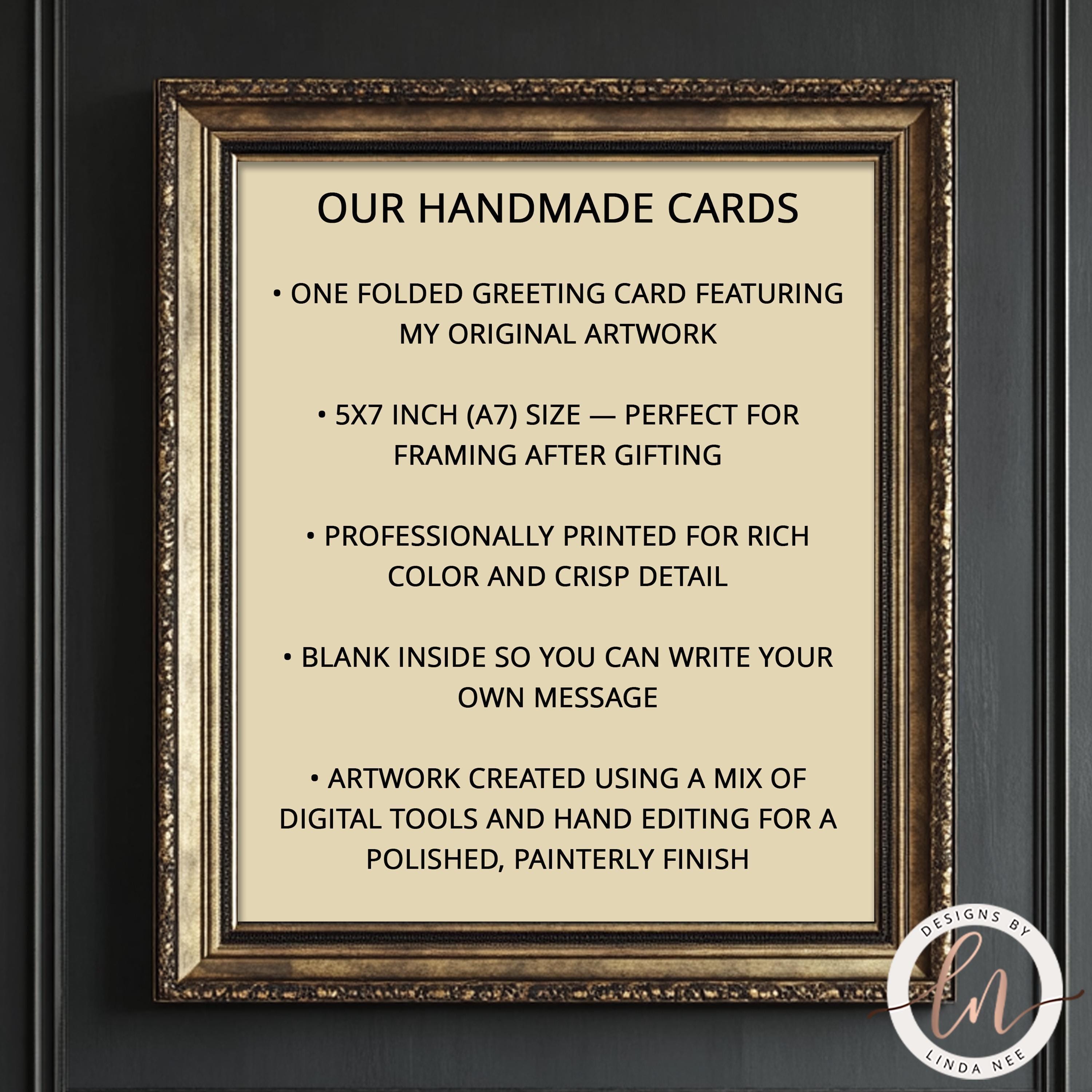 Framed description of handmade cards with gold frame and black text on a dark background