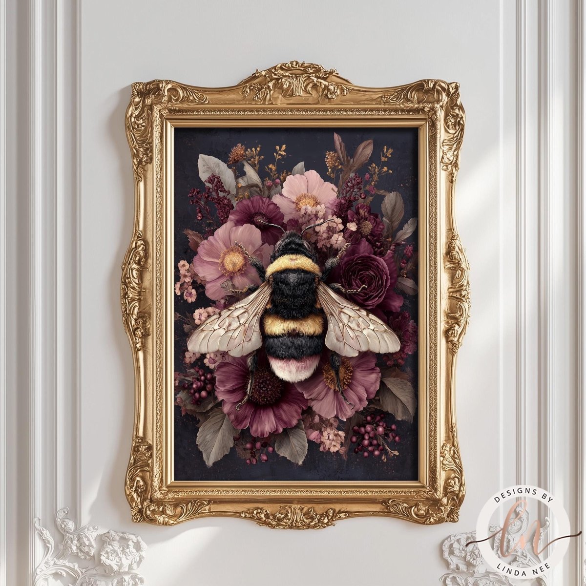 a framed painting of a bee surrounded by a vibrant floral arrangement.