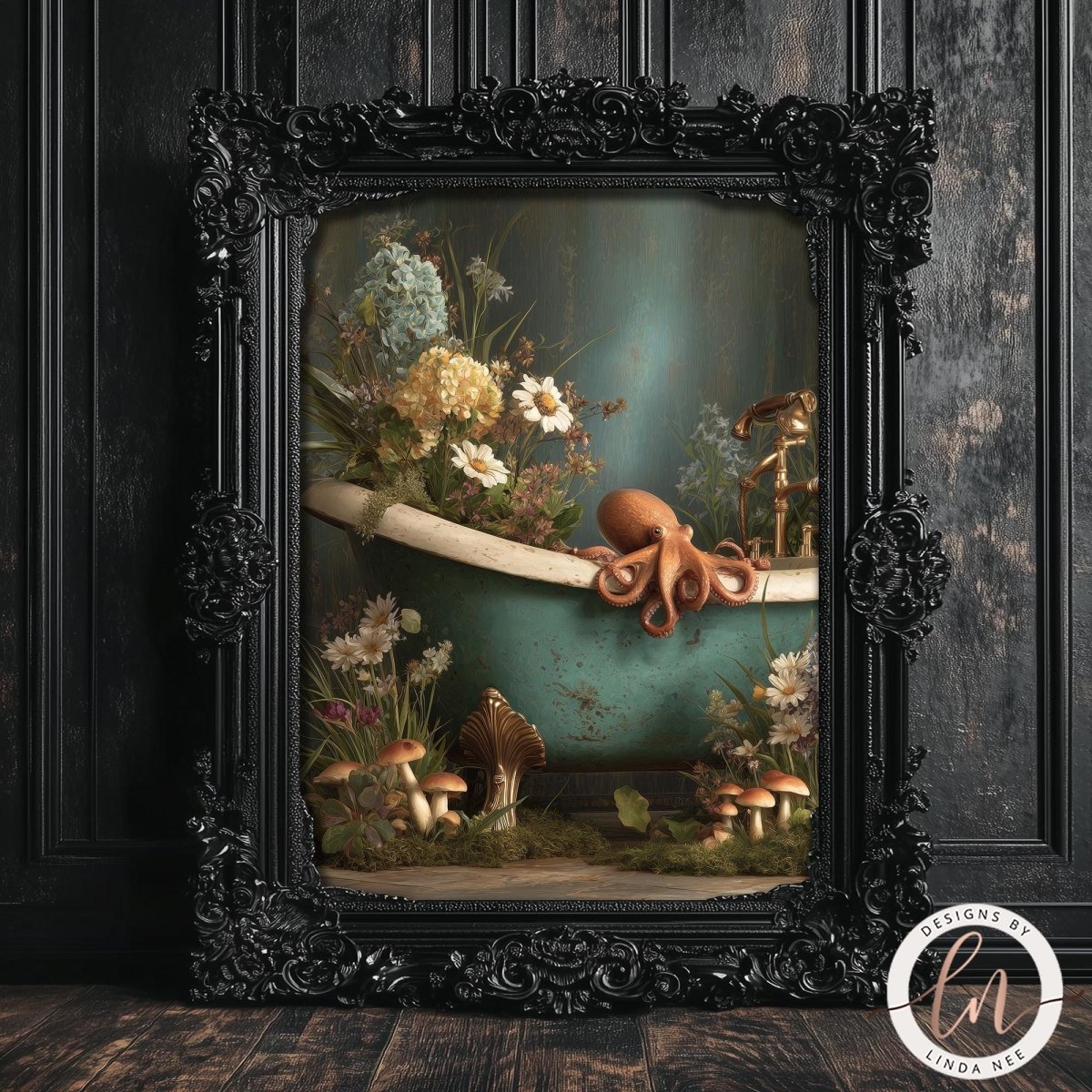 The image is a framed painting depicting an octopus sitting in a bathtub filled with flowers and mushrooms, surrounded by a lush garden scene.