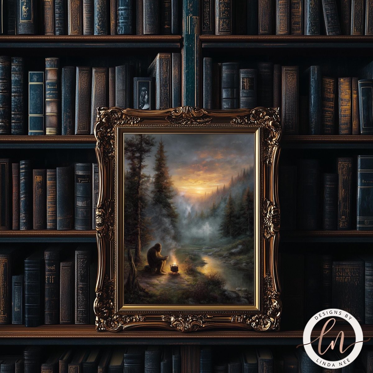 a painting of a person sitting by a campfire in a forest, surrounded by tall trees and a serene landscape.