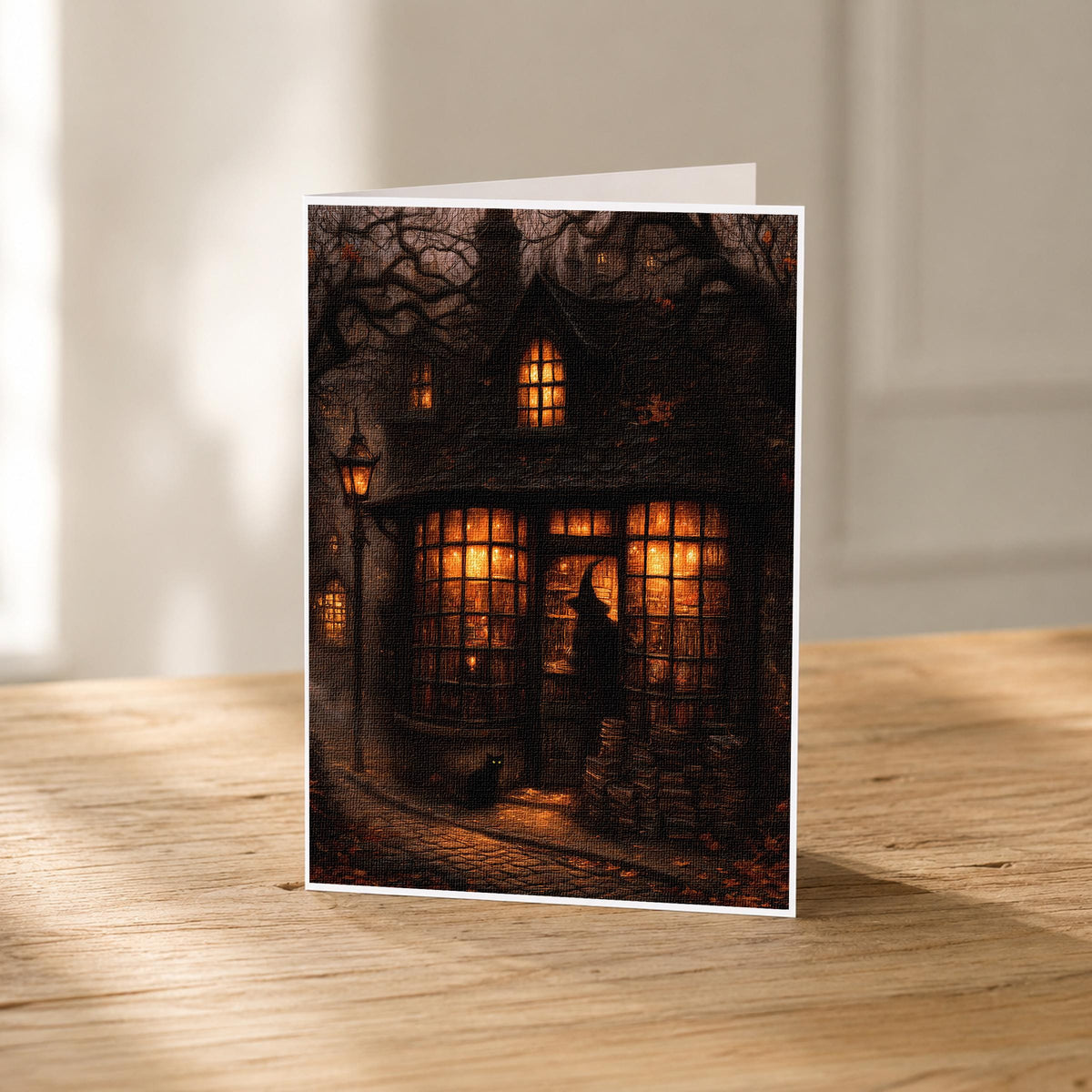5x7 haunted bookshop blank note card standing upright showing its linen texture and dark autumn artwork