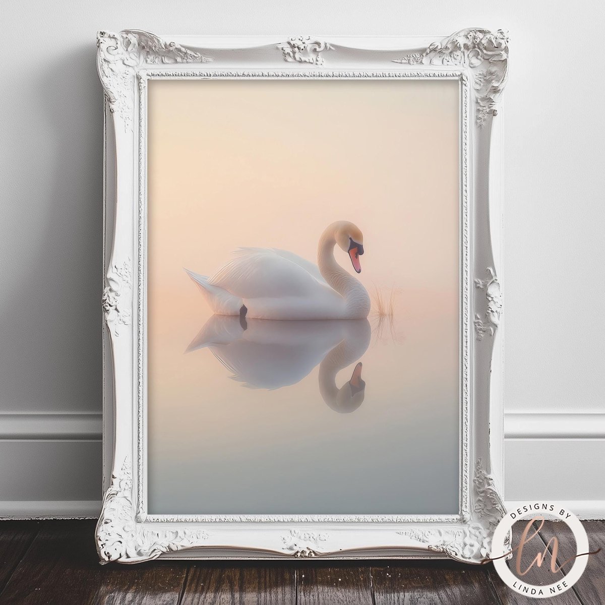 A white swan gracefully floating on a calm body of water, its reflection perfectly mirrored in the still surface.