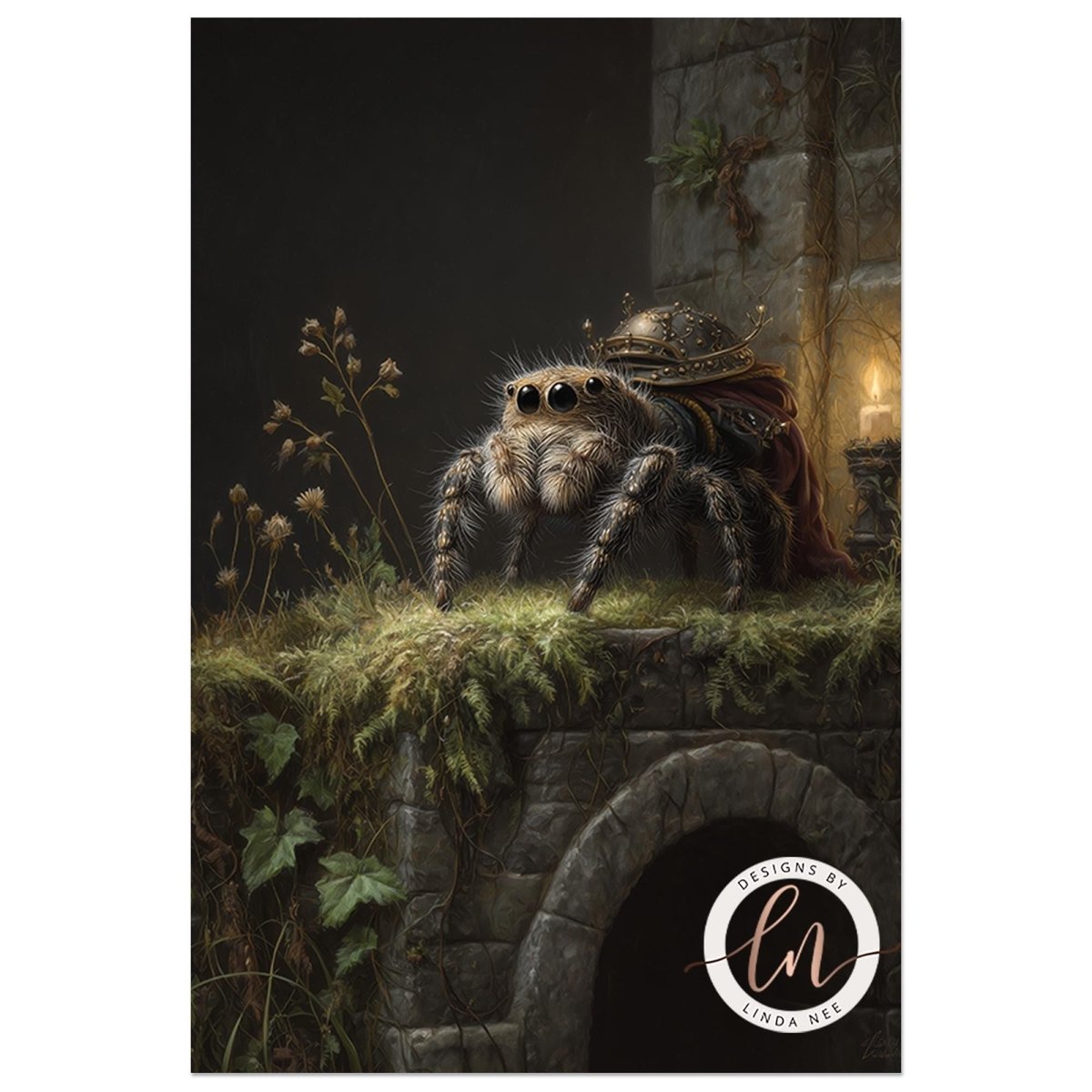 Illustration of a spider on a stone ledge with a candlelit background