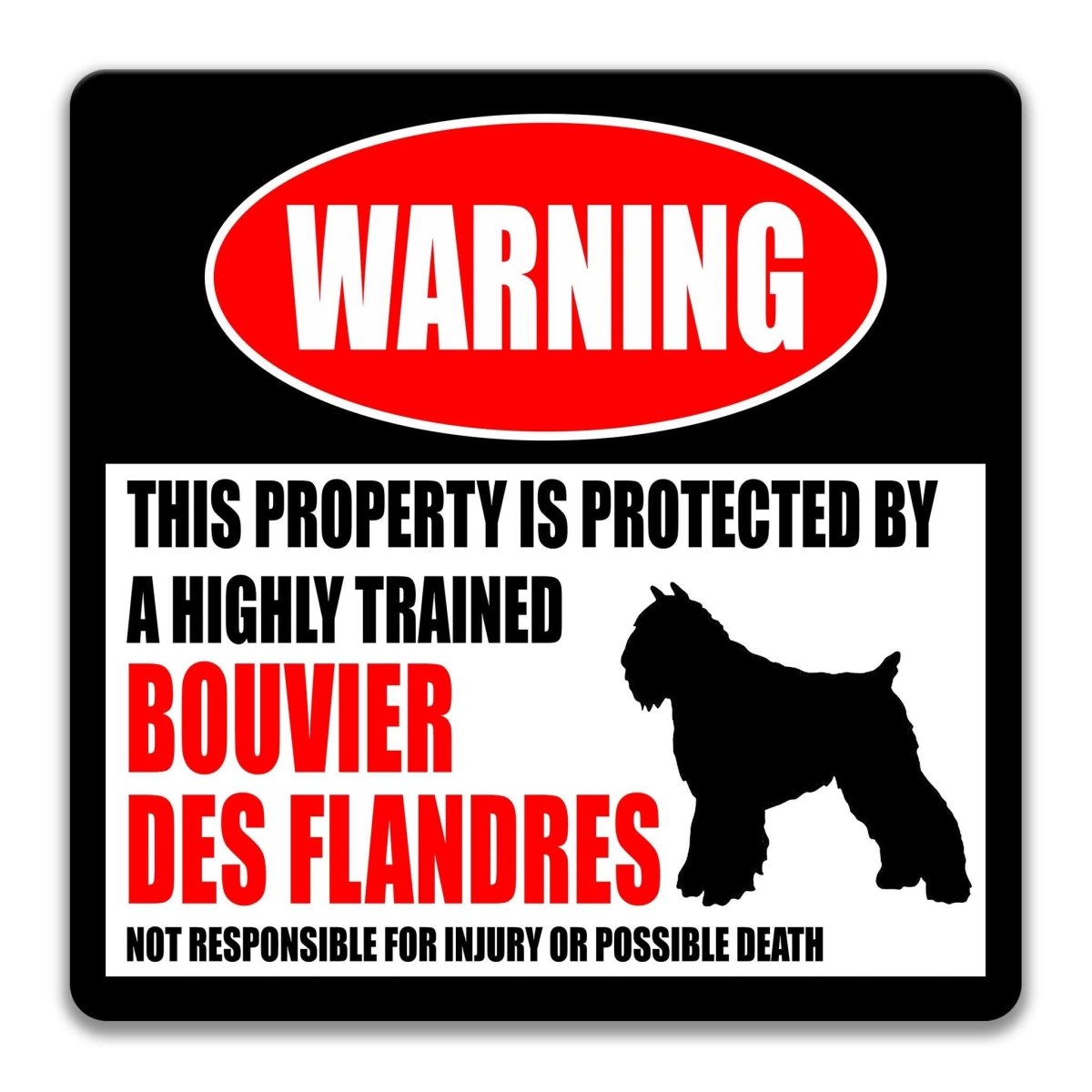 Bouvier des Flandres warning sign, red WARNING banner and large Bouvier des Flandres dog silhouette, funny Bouvier des Flandres lover gift, aluminum with rounded corners