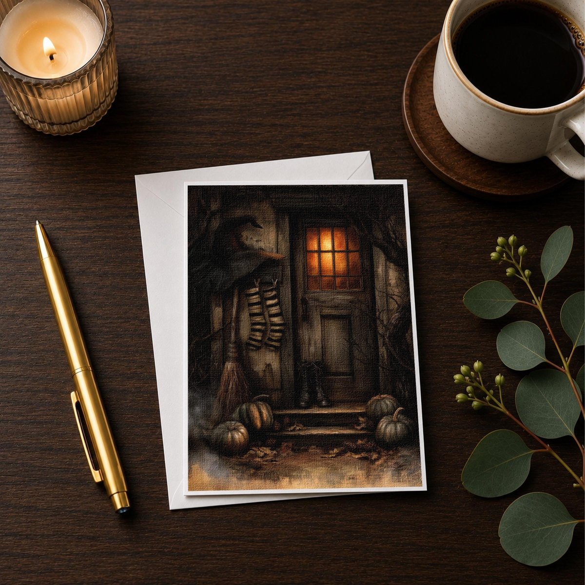 Witch's porch Halloween note card showing the full cottage gothic porch scene