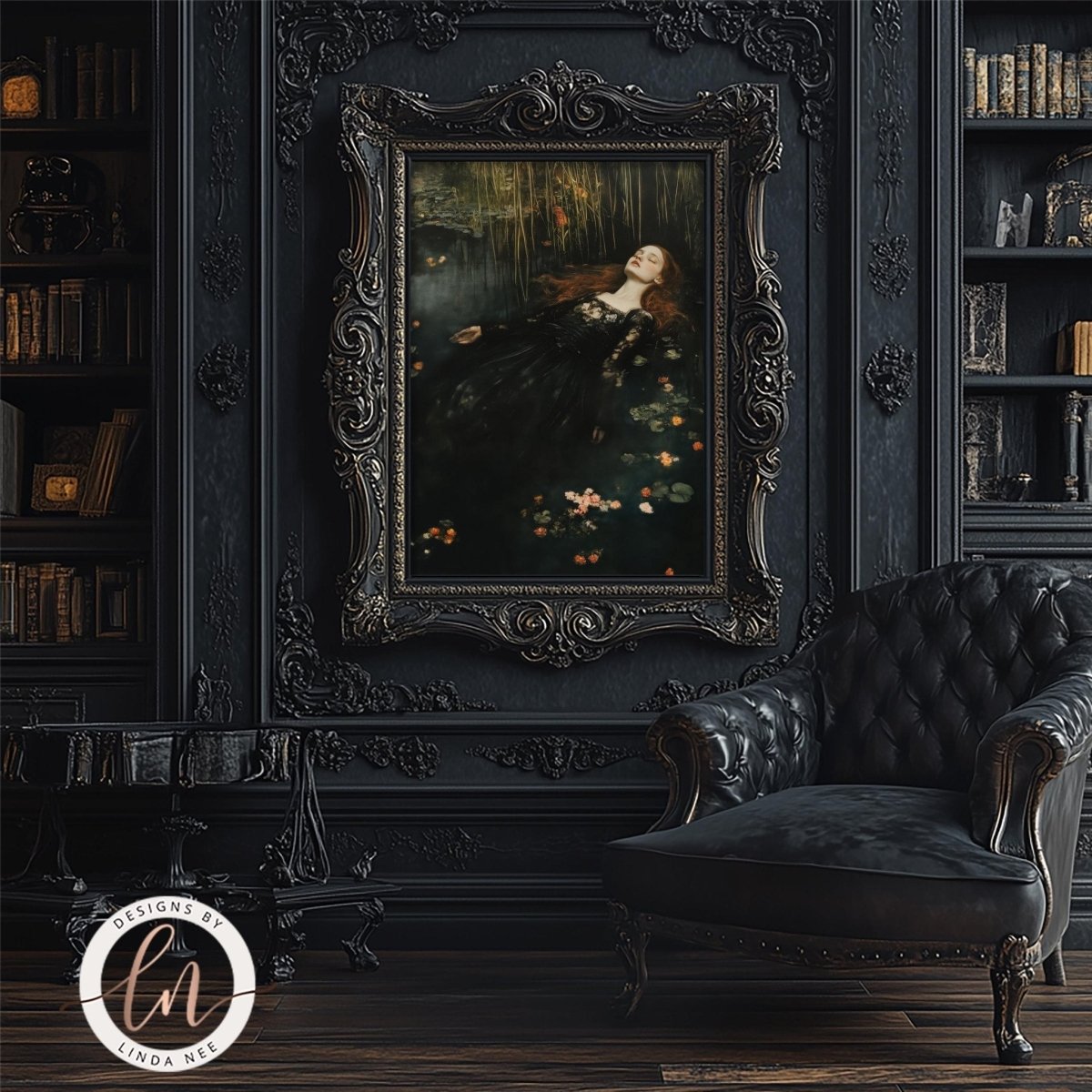 Ophelia lying in the water artwork shown with a leather chair and bookshelf