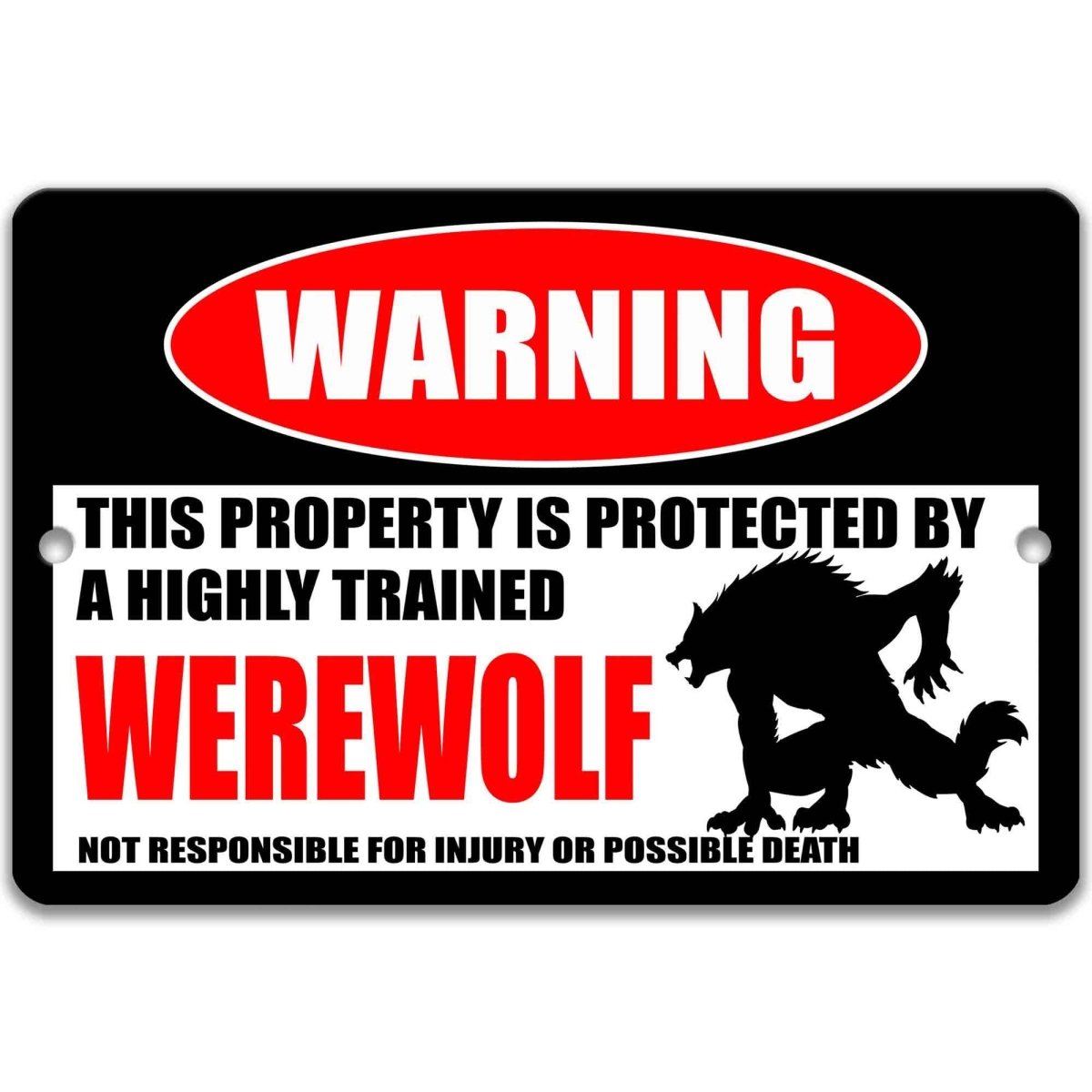Werewolf warning metal sign on glossy black, red WARNING oval and standing werewolf silhouette