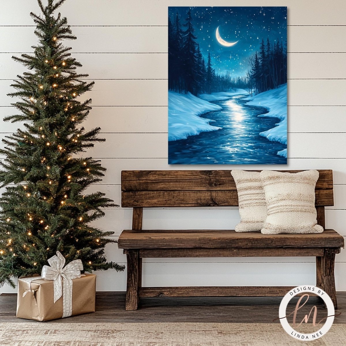 Crescent moon river print displayed beside a decorated Christmas tree