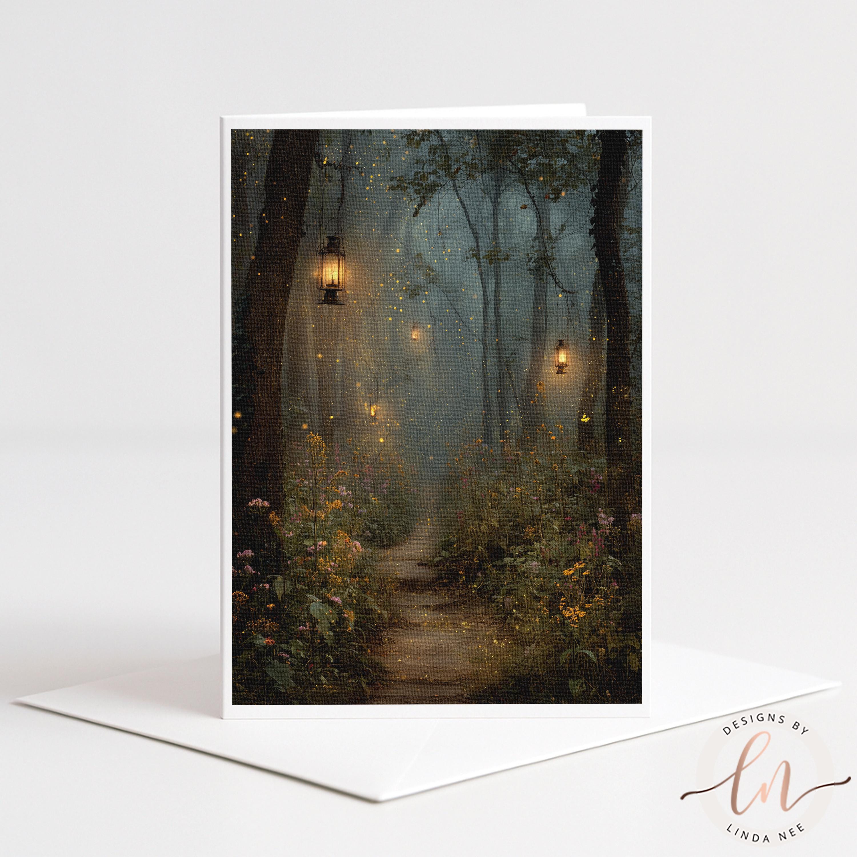 A lantern-lit path winds through a lush, verdant forest, creating a serene and enchanting atmosphere.