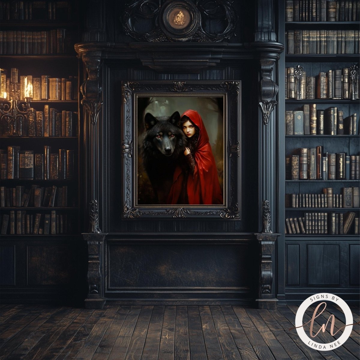 a framed painting of a woman in a red cape standing next to a black wolf in a dark, ornate room with bookshelves.