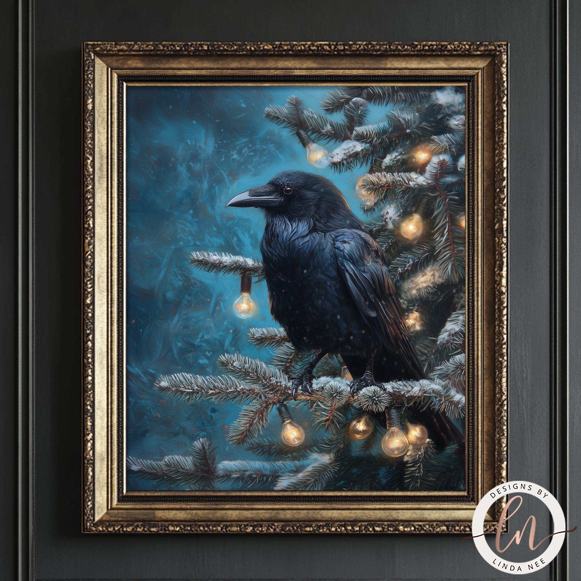 A black crow perched on a branch of a Christmas tree, with lights adorning the tree.