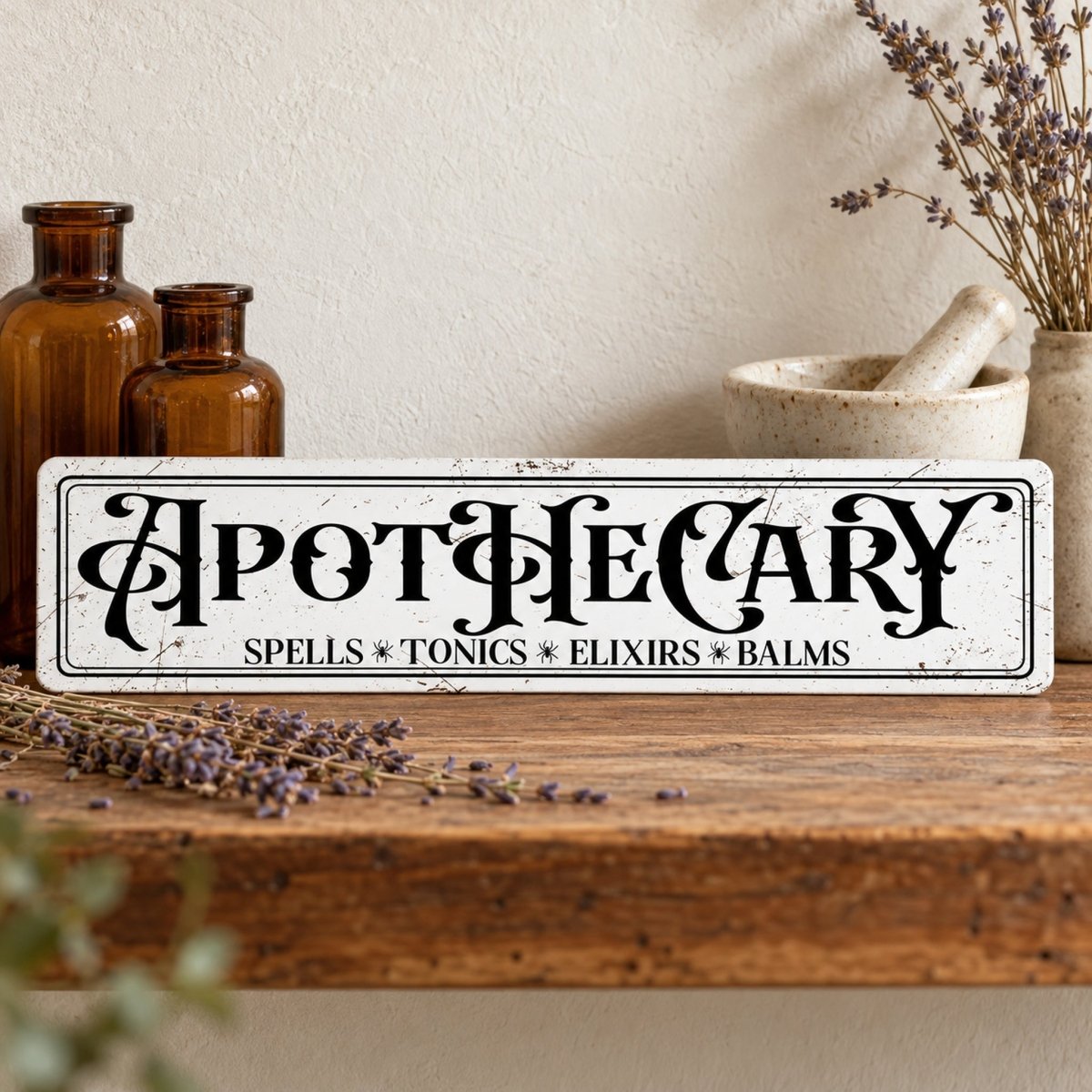 Apothecary street sign on a shelf with vintage bottles and dried lavender
