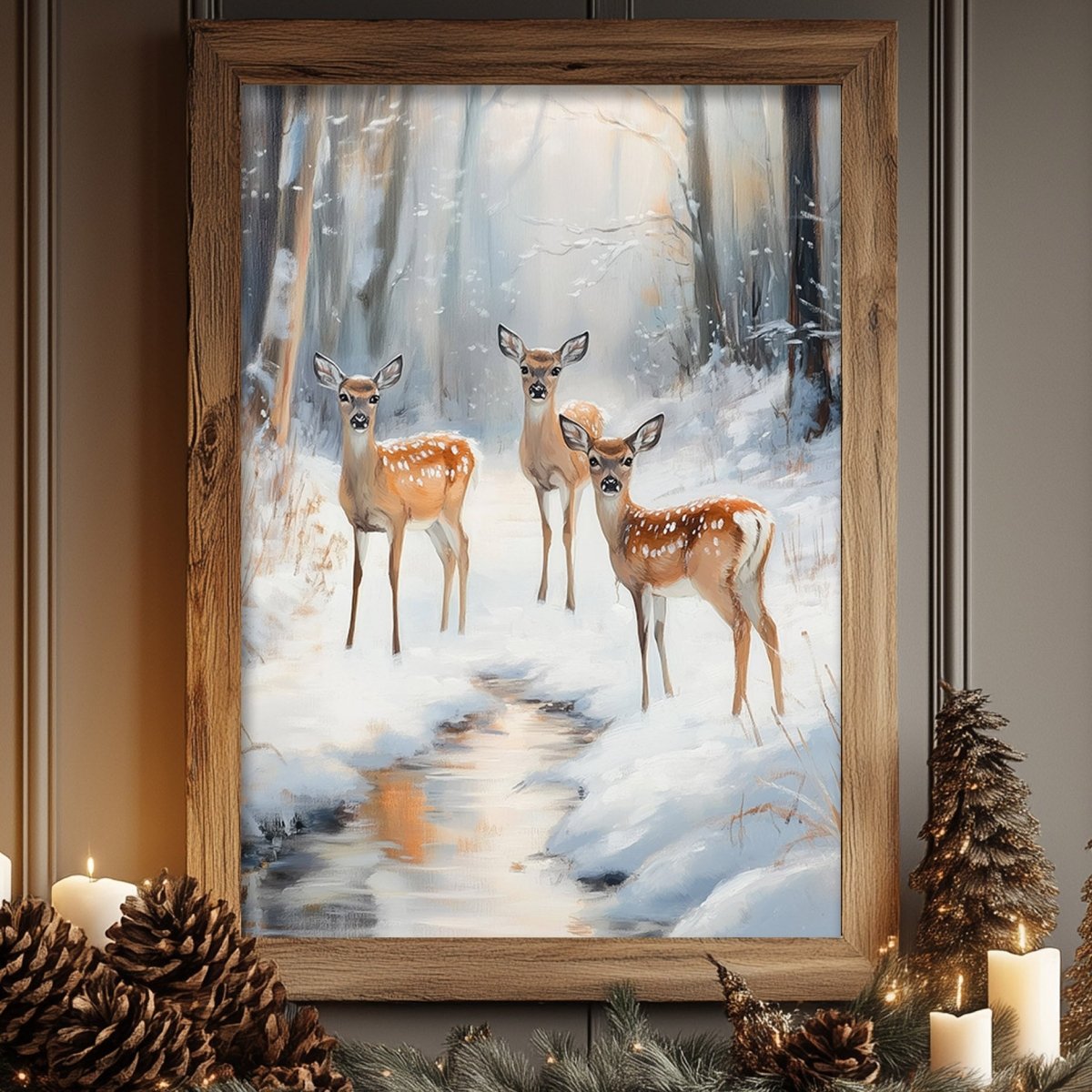 Three deer standing by an open winter stream in a snowy forest
