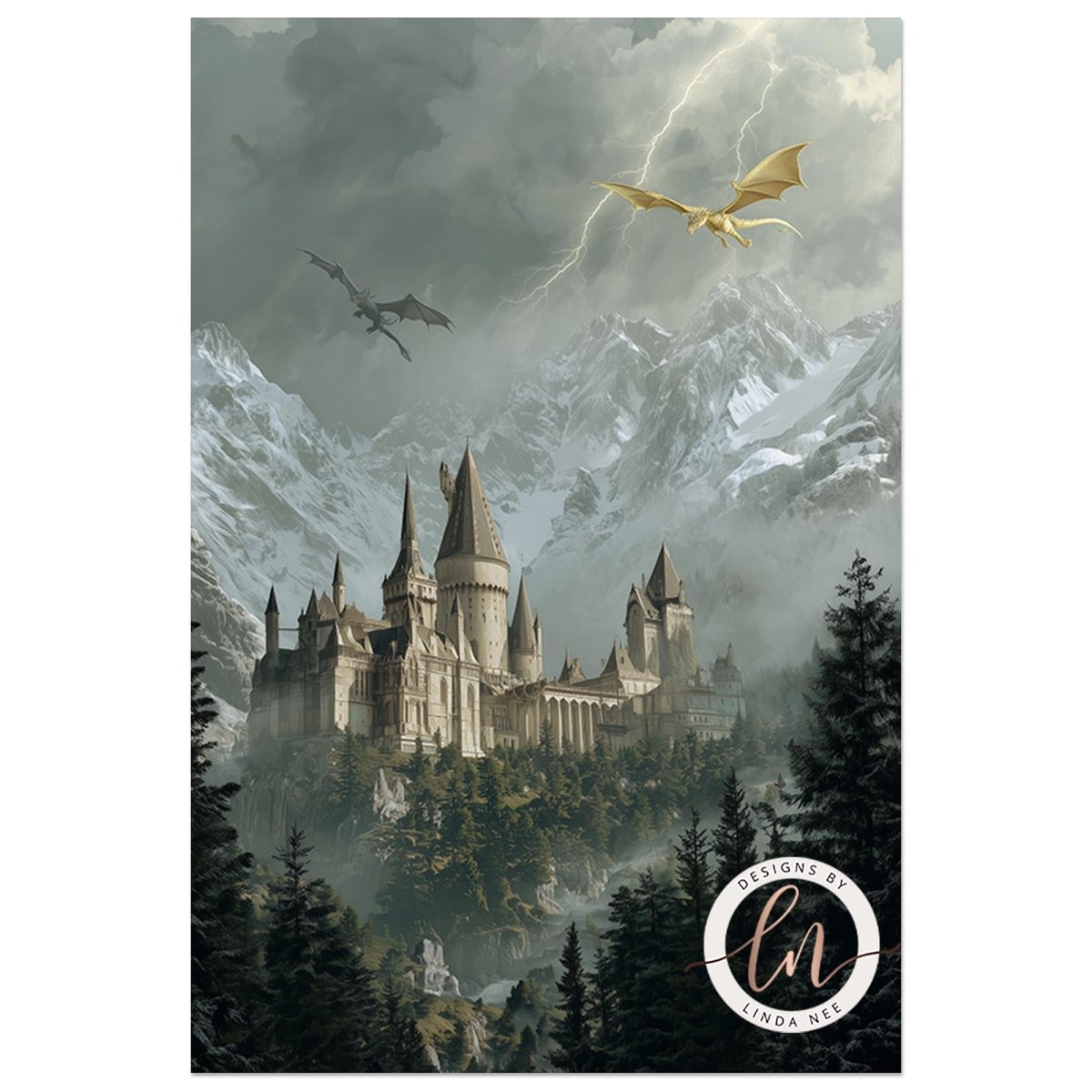 A castle surrounded by a forest, with a dragon flying overhead and a stormy sky in the background.