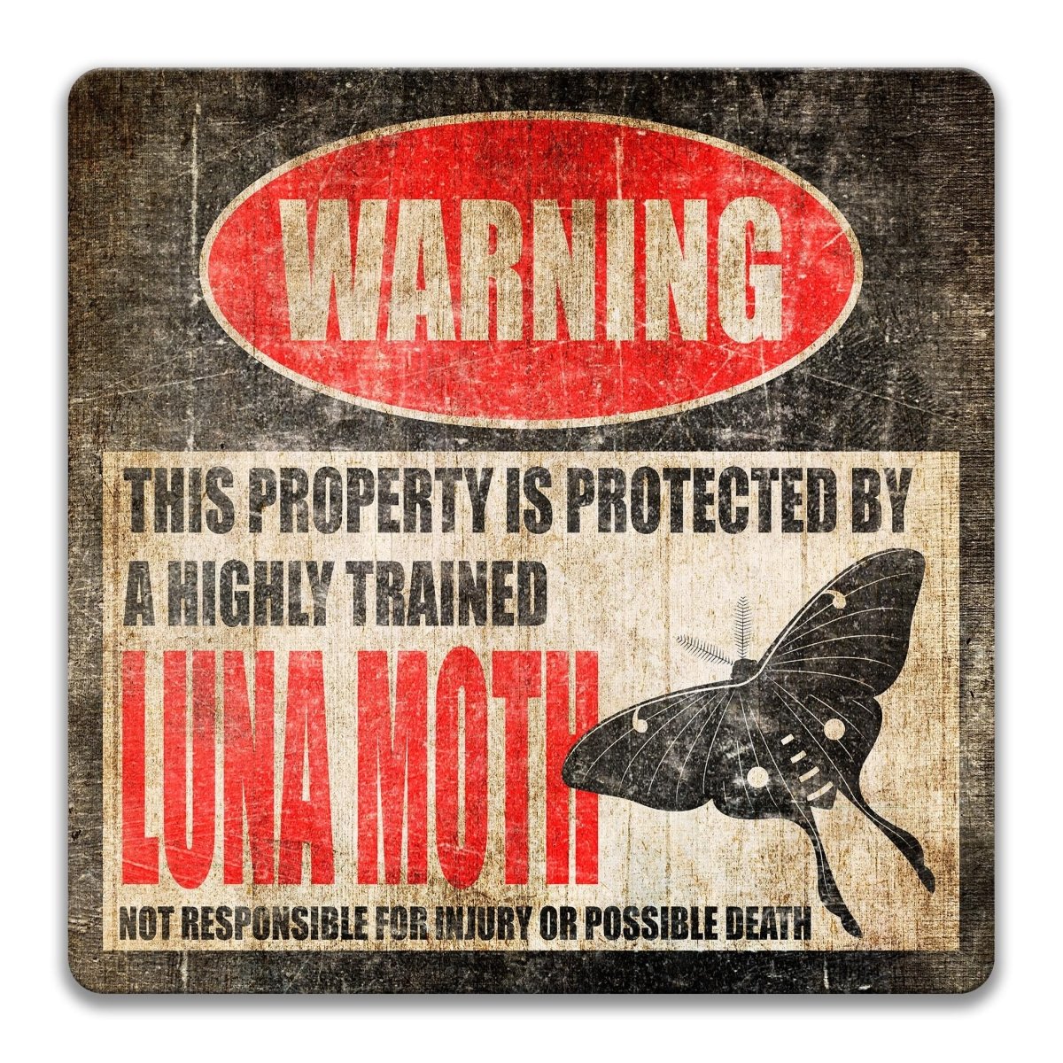 Detail of the moth graphic on the highly trained luna moth metal warning sign and its WARNING message