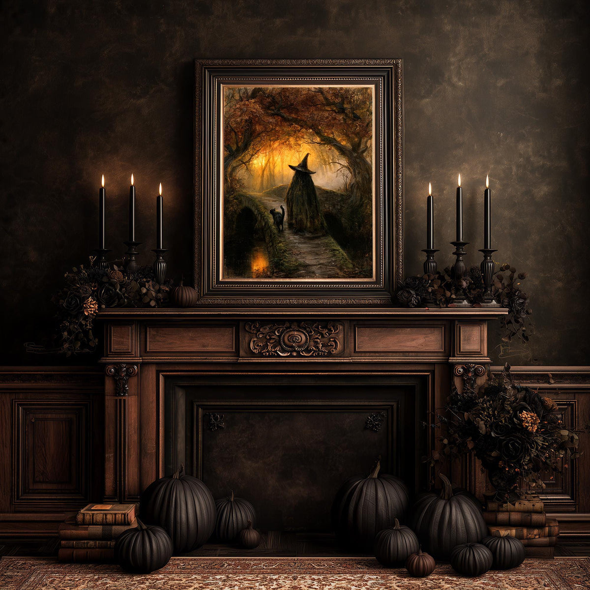 Halloween gallery wall styling with the witch print, stacked books, candles, and pumpkins