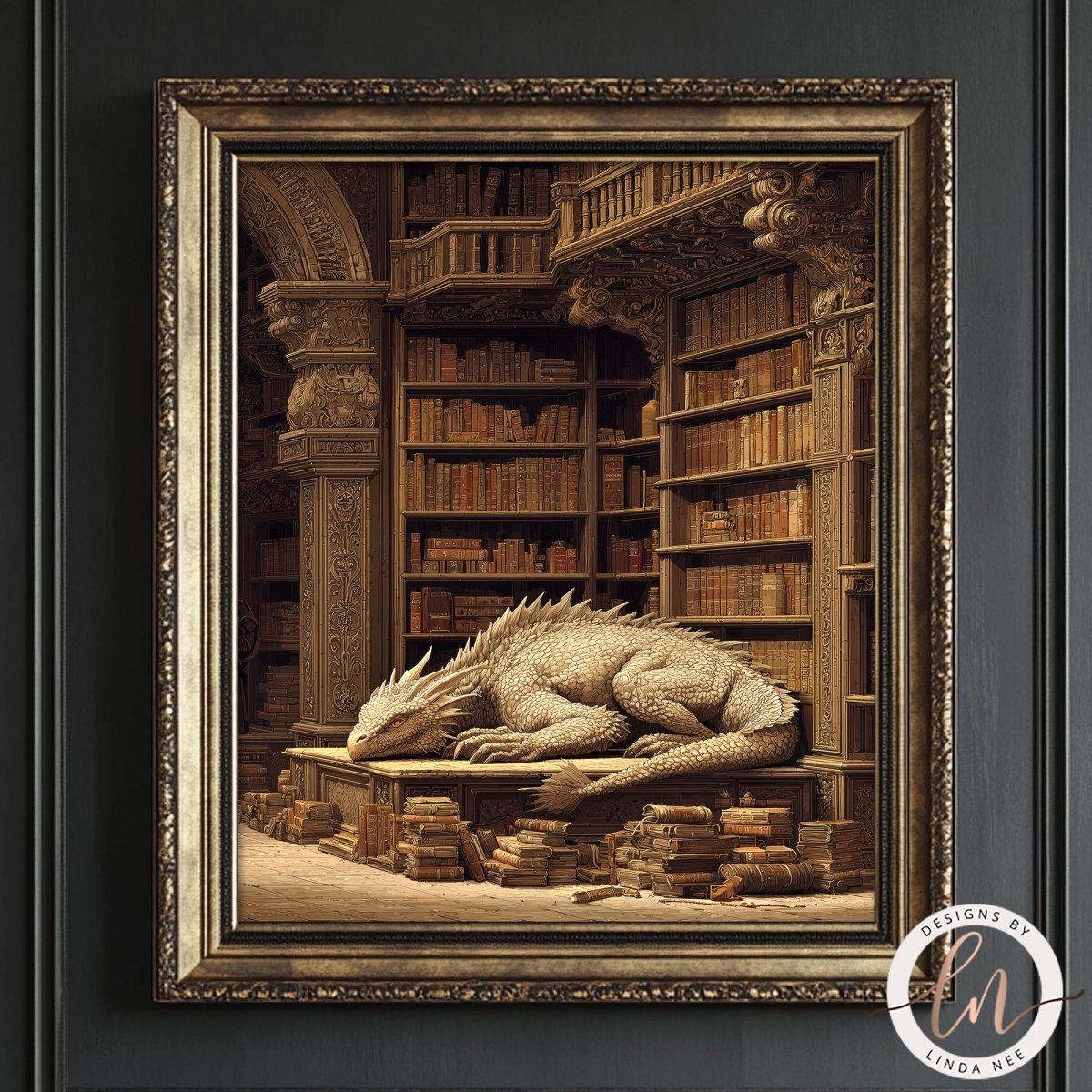 A large, detailed dragon sculpture rests on a table in a library setting, surrounded by bookshelves filled with books.
