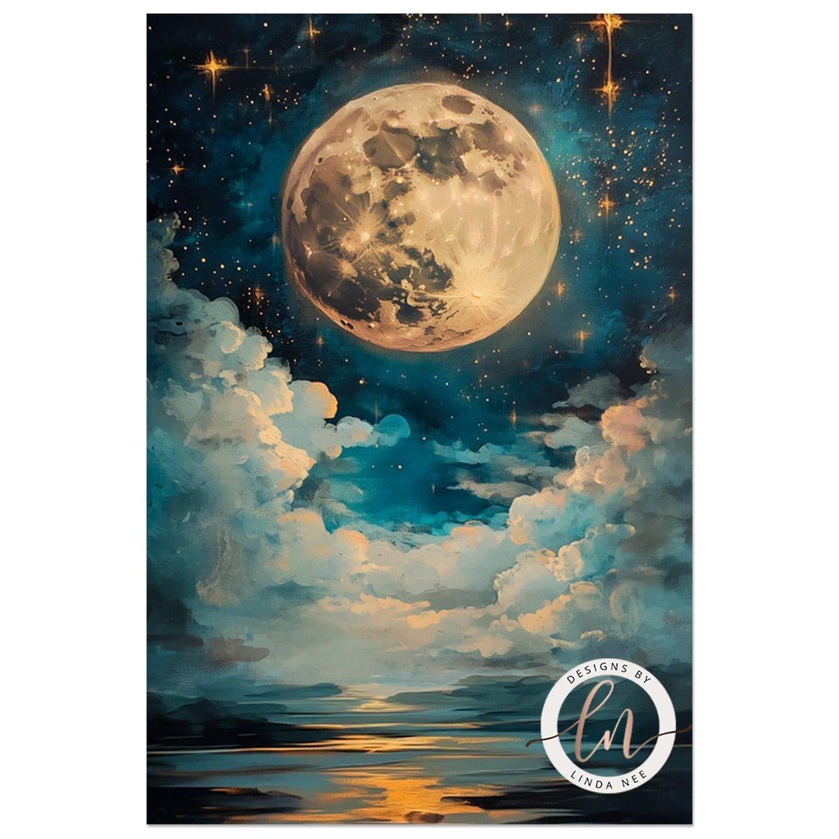 Golden moon low on the horizon over calm reflective water