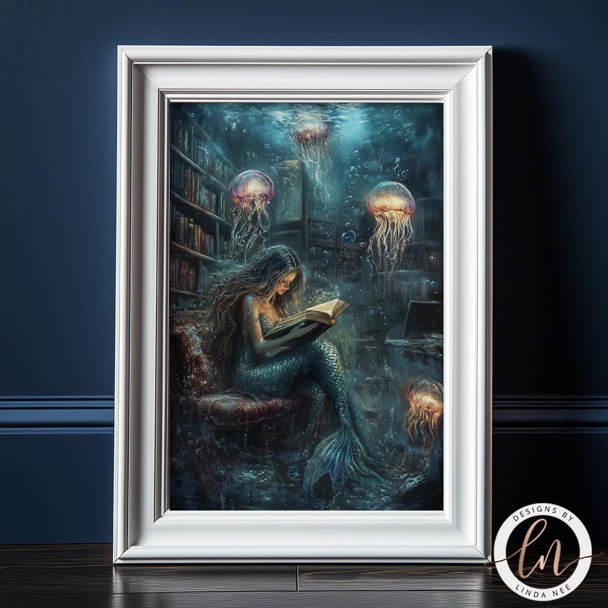 A mermaid is reading a book while surrounded by jellyfish in a fantastical underwater scene.