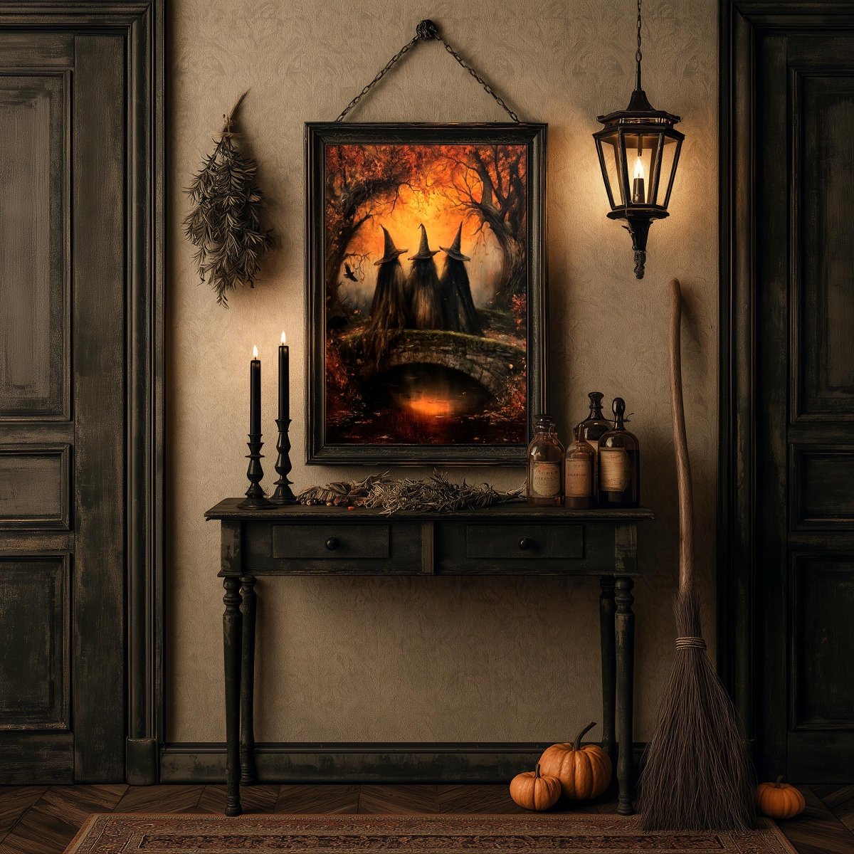 Witches on a stone bridge print in a Halloween room with candles and a broom