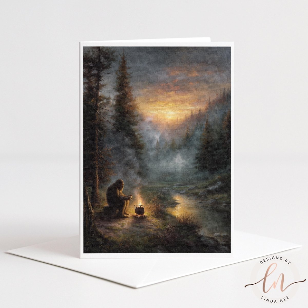 Artwork by Linda Nee featuring Bigfoot sitting beside a campfire and drinking coffee in a misty evergreen forest at sunrise, with warm golden light, a winding stream, and moody woodland atmosphere.