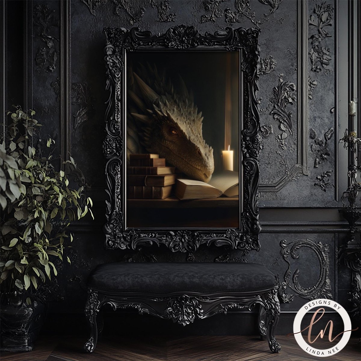 a large, ornate black frame with a painting of a dragon inside it, set against a dark, textured wall. The frame is placed on a black bench, which is positioned in front of a plant. The overall scene appears to be a dark, dramatic interior space with a focus on the dragon painting.