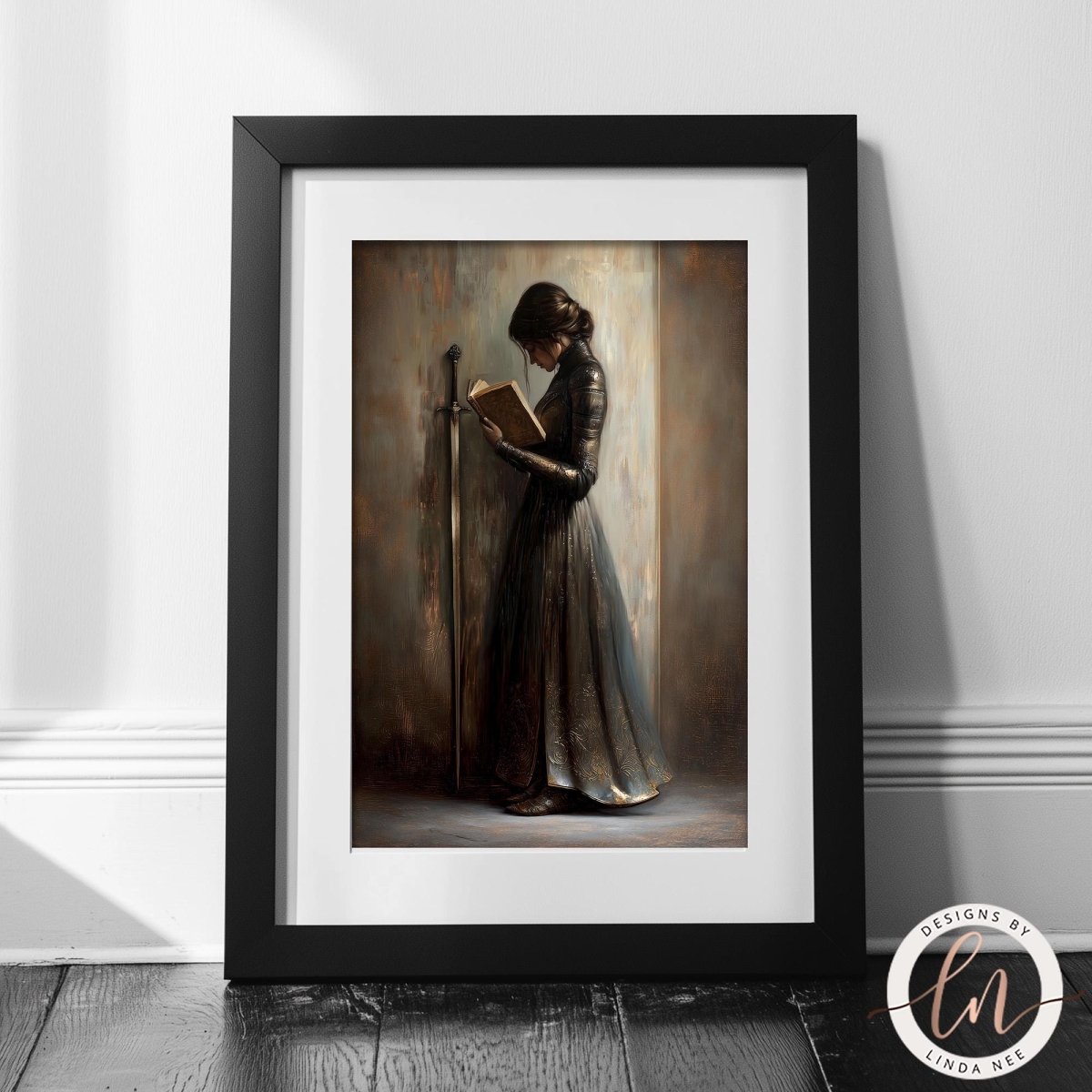 A framed painting depicting a woman in a long dress reading a book, standing in a room with a wooden floor.