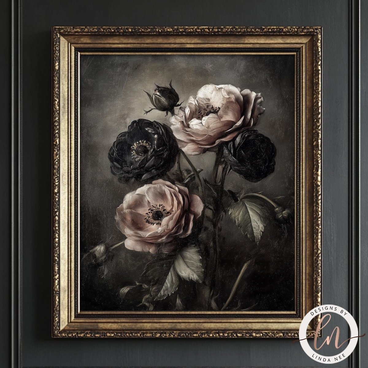 A framed painting of a bouquet of roses in a dark, moody style, with a dark background and a dark frame.