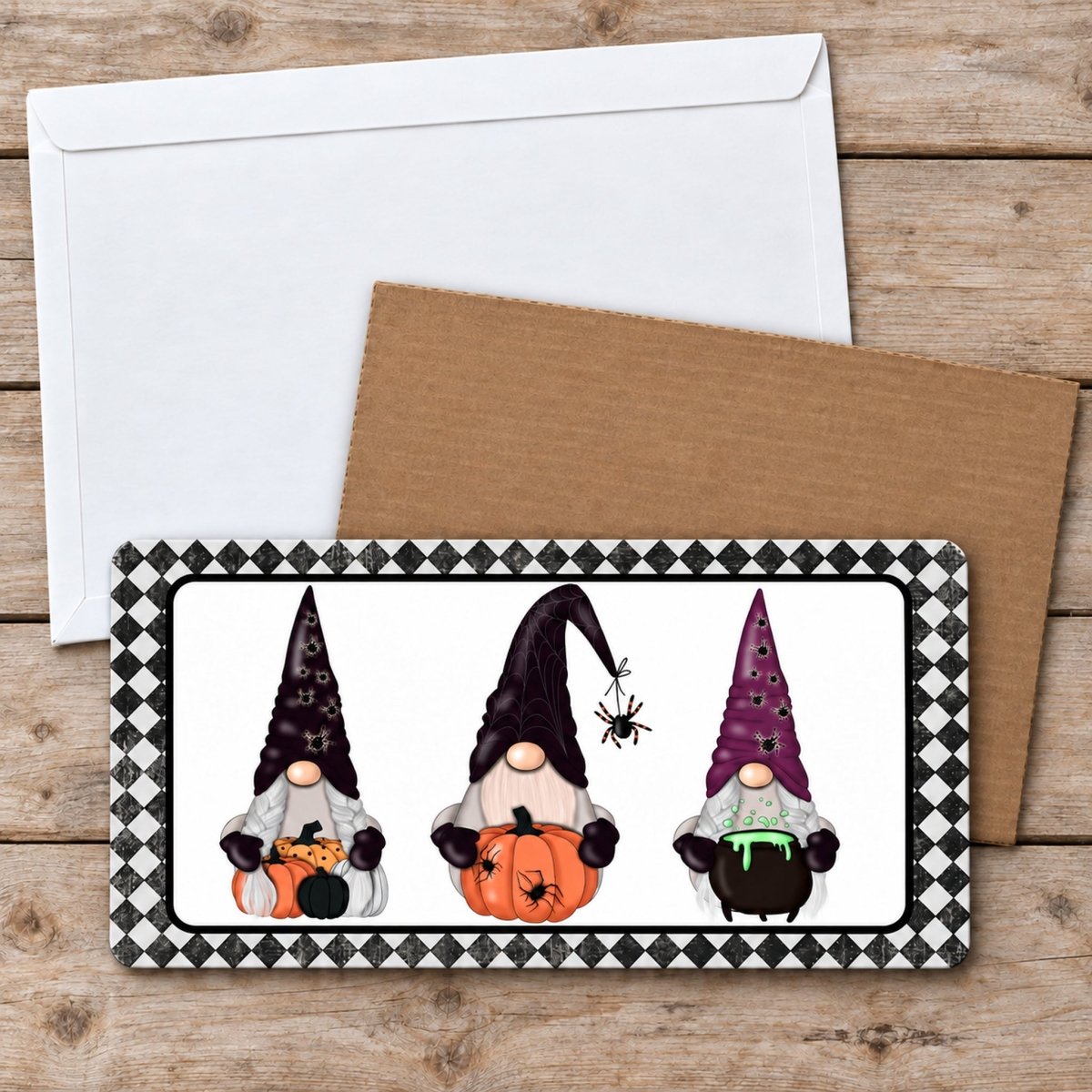 Close view of the Three Halloween Gnomes sign artwork