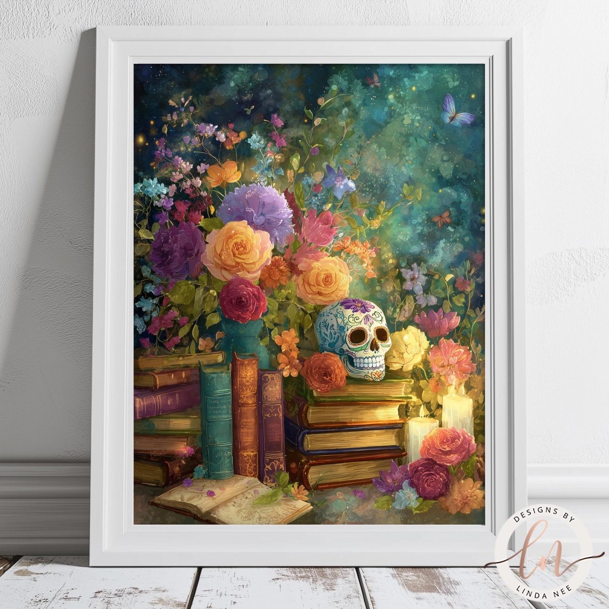A framed painting depicting a vibrant and colorful scene with a skull, flowers, books, and candles.