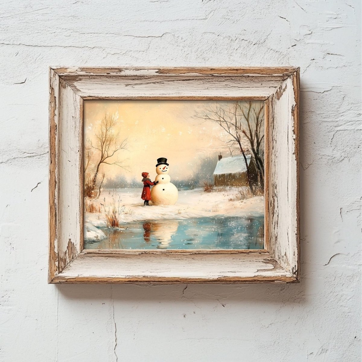A painting of a snowman and a child standing in a snowy landscape, with a house and trees in the background.