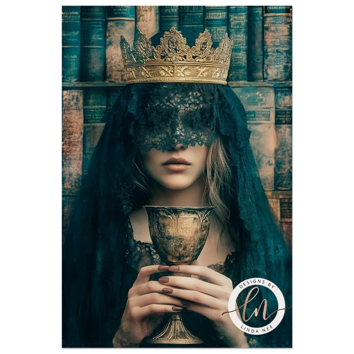 Woman in a golden crown and black veil holding a golden chalice
