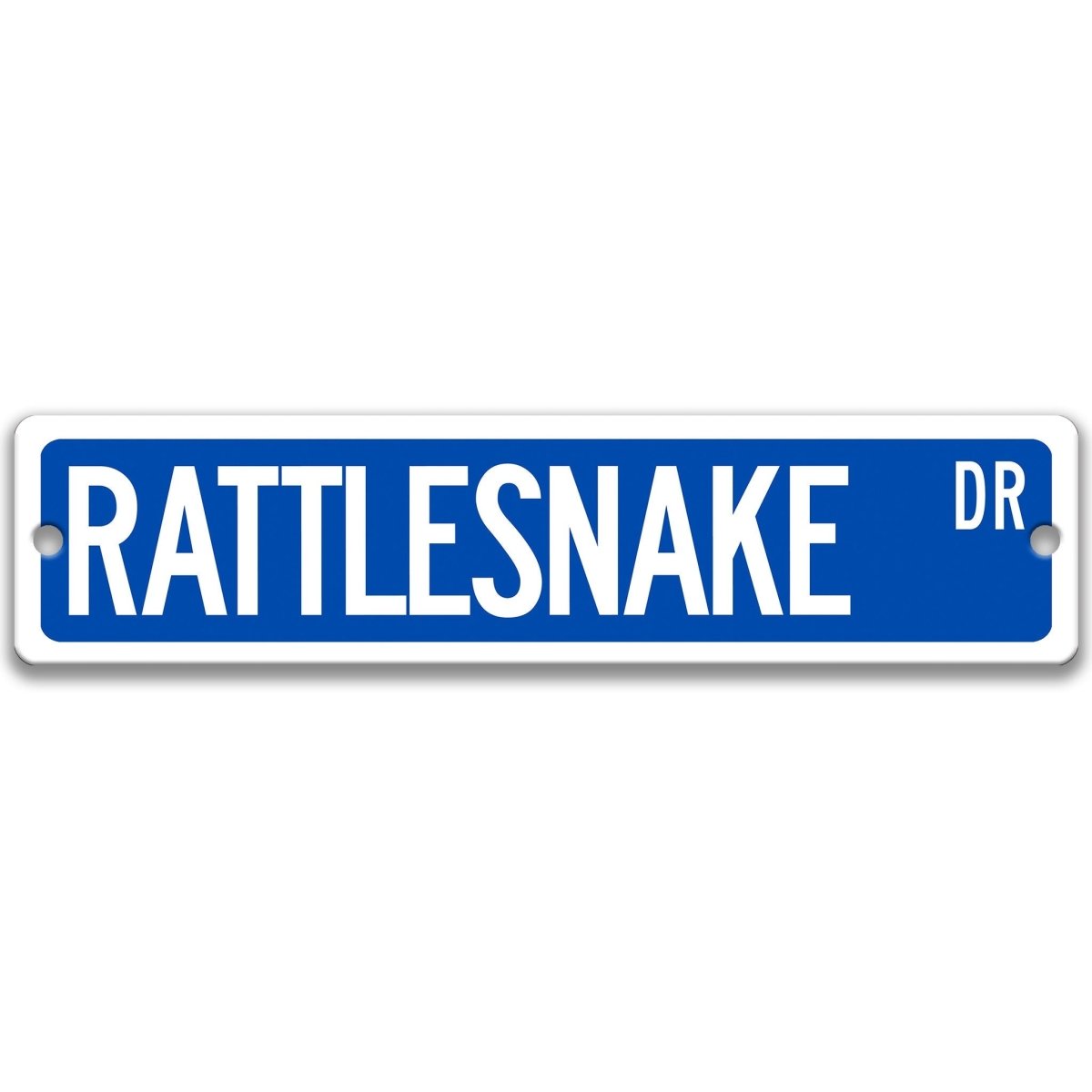 Rattlesnake metal street sign with a blue background reading RATTLESNAKE DR
