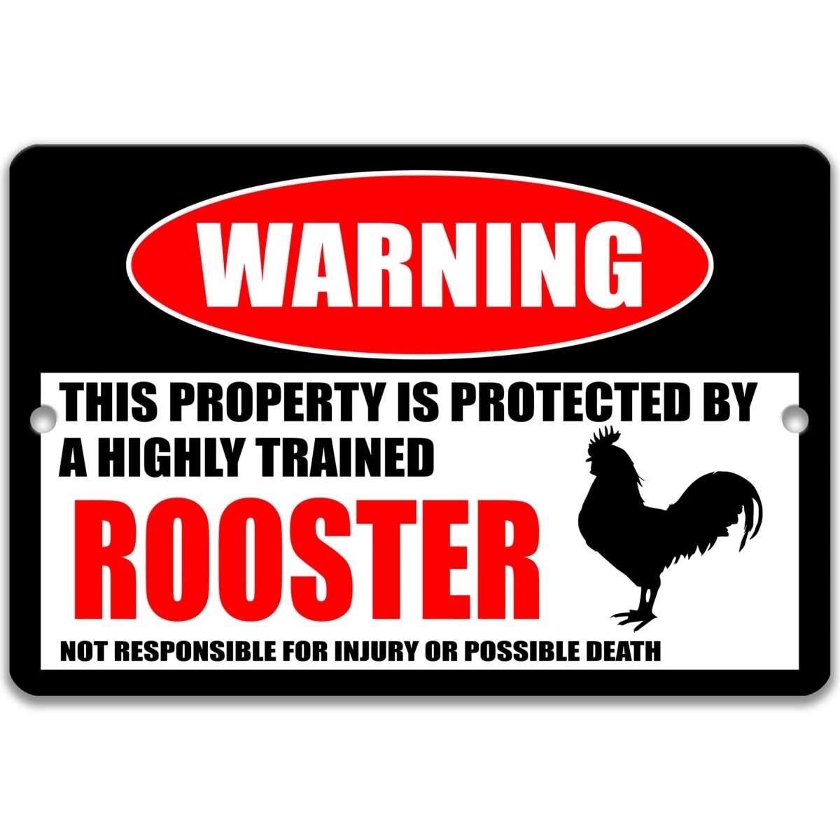 Rooster coop warning metal sign, glossy black, red WARNING oval and standing rooster silhouette