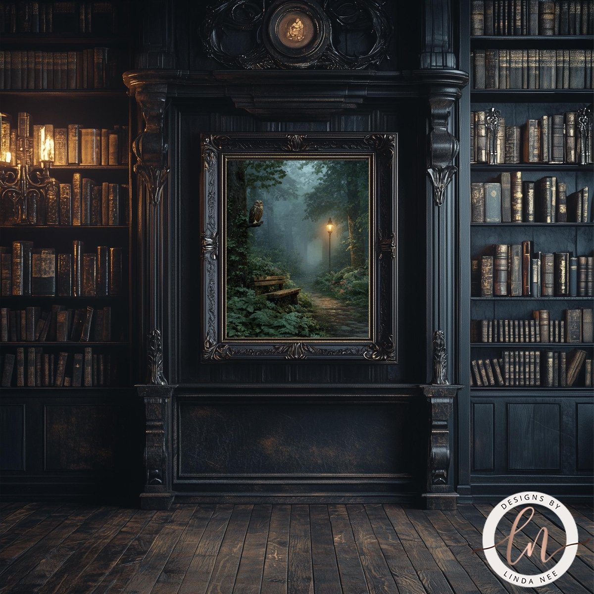 a serene and cozy library setting, with a large painting of a forest scene hanging on the wall. The painting features a winding path leading through the lush greenery, creating a sense of tranquility and escape from the outside world. The library is filled with numerous bookshelves, showcasing a vast collection of books, and the wooden floor adds to the warm and inviting atmosphere of the space.